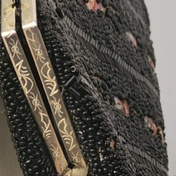 Vintage 70s, 80s, Made in Hong Kong Black Beaded bag with flower patterns - Picture 2 of 6